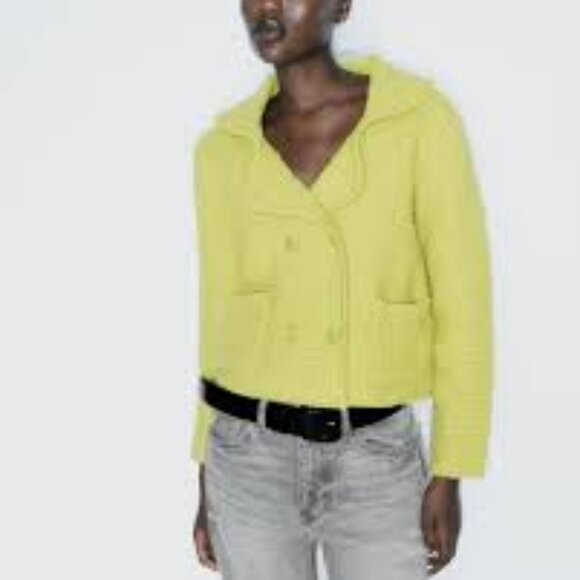Zara chunky knit Peter Pan collar lime green cardigan sweater size M - Picture 1 of 3